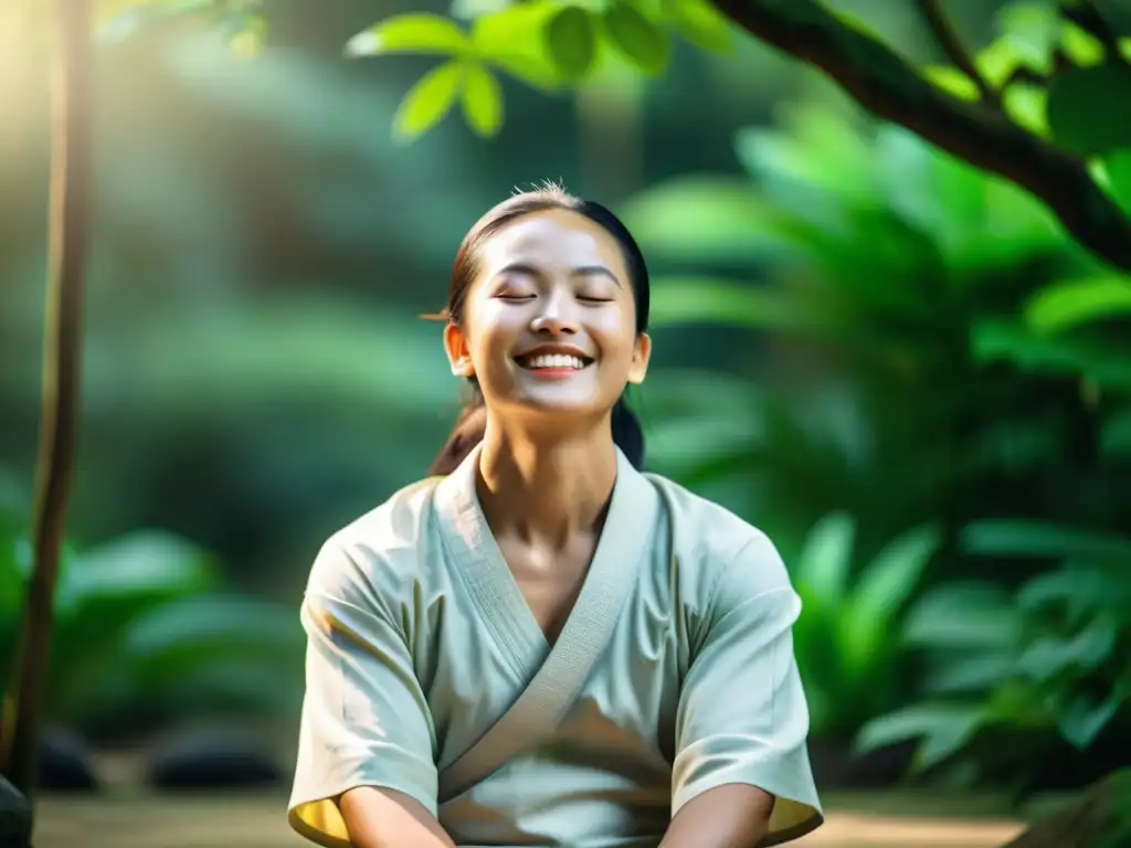 Persona serena practicando la Técnica de la Sonrisa Interna Taoísta en un entorno natural, irradiando paz interior y conexión con la naturaleza