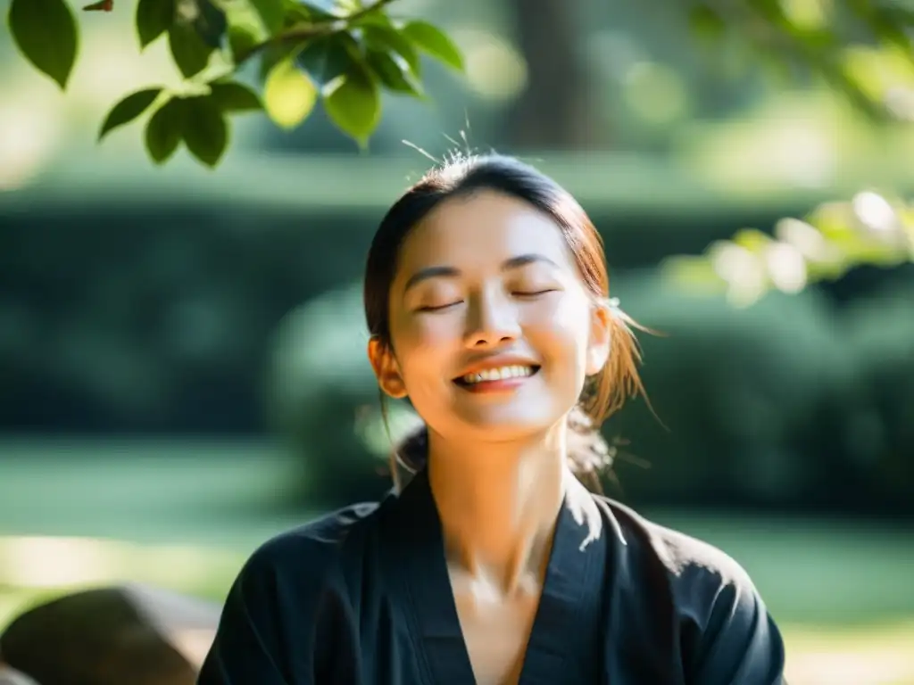 Persona practicando la Técnica de la Sonrisa Interna Taoísta en un entorno natural, transmitiendo calma y serenidad