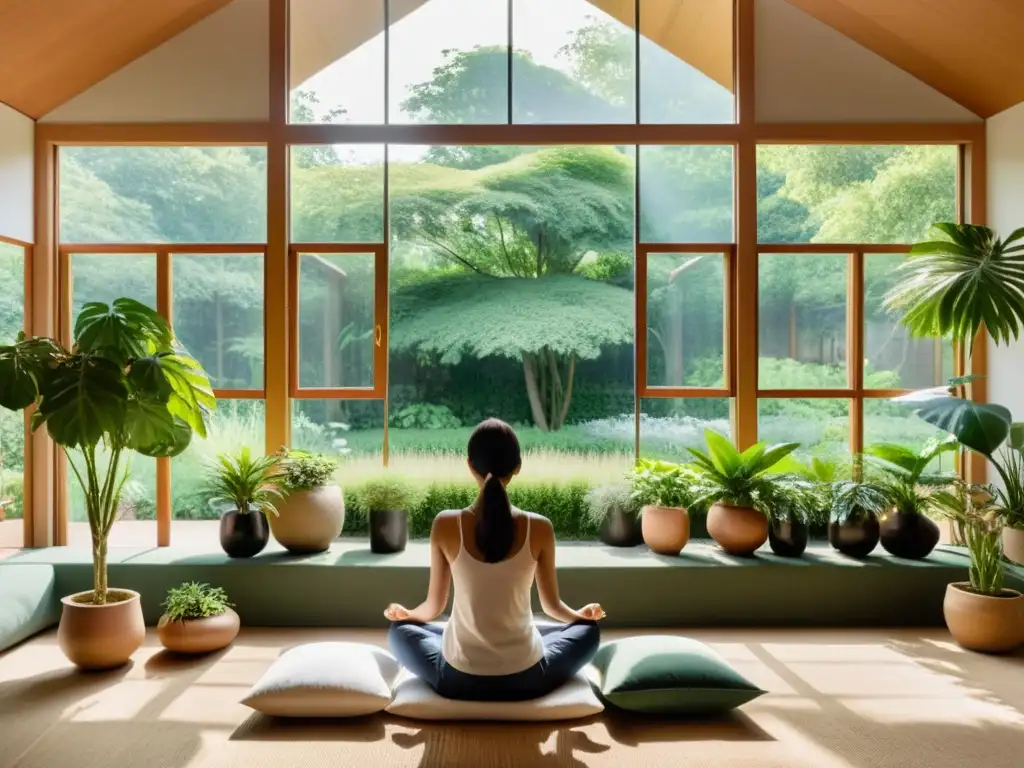 Persona practicando técnicas milenarias de mindfulness para productividad en una habitación serena con vistas al jardín