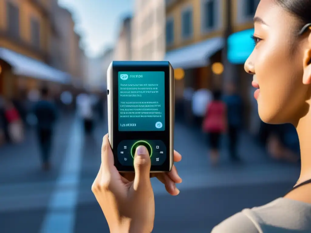 Una persona usando un traductor de bolsillo con inteligencia artificial en una conversación multicultural en un entorno urbano