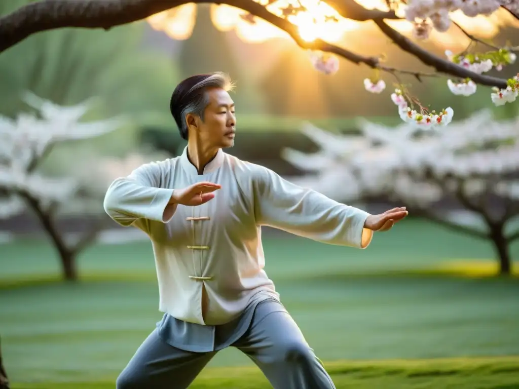 Fusión de Tai Chi y meditación: persona fluyendo en un jardín tranquilo al amanecer, rodeada de árboles de cerezo en flor