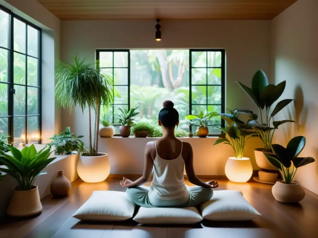 Persona meditando en un tranquilo salón con plantas, luz natural y la palabra clave 'Beneficios de la meditación en enfermedades'