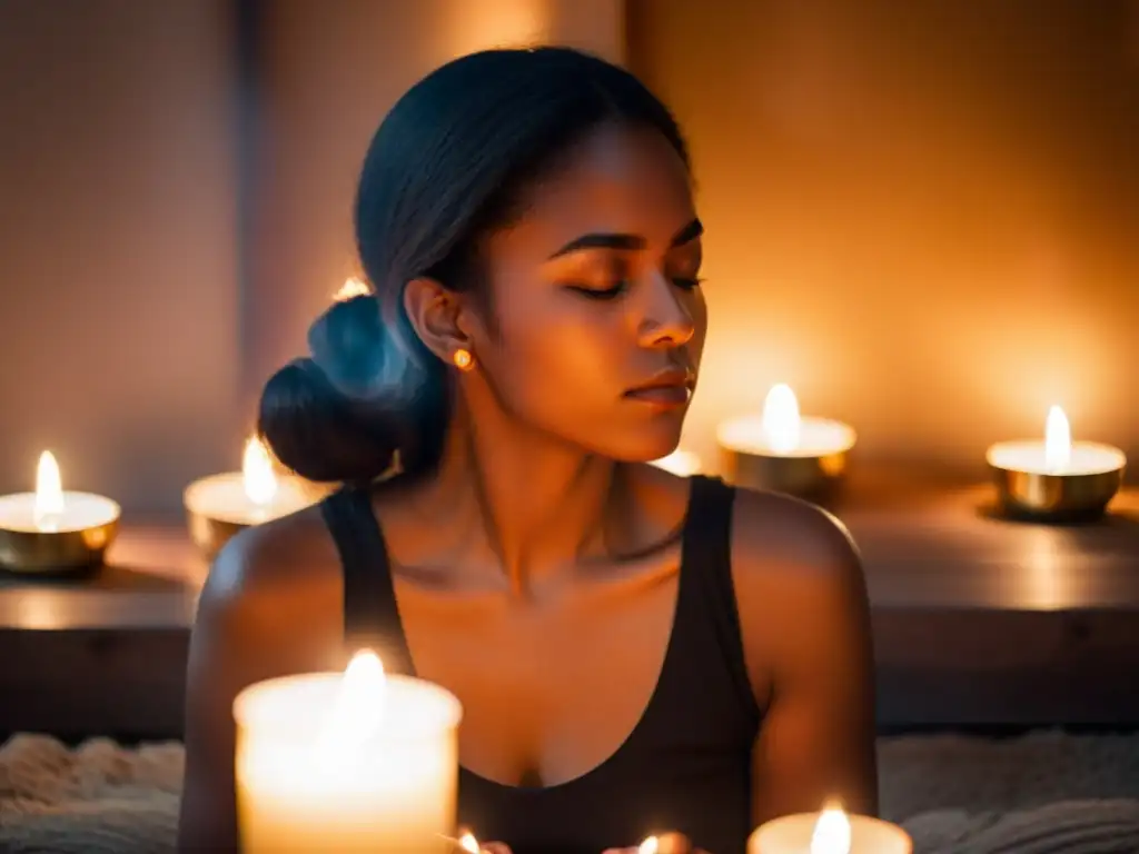 Persona en meditación con velas, reflejando serenidad y conexión espiritual