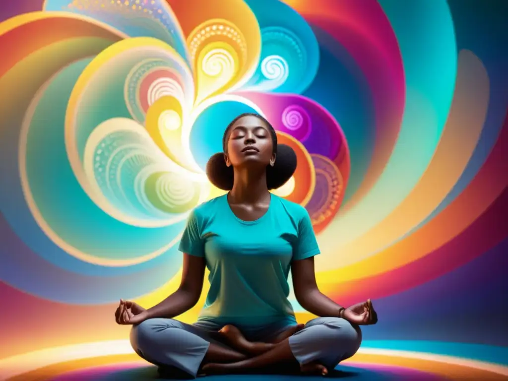 Persona meditando en vibrante energía curativa, conectando con paz y serenidad