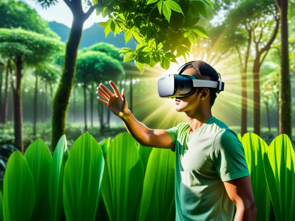 Una persona usando un visor de realidad virtual para explorar paisajes asiáticos, rodeada de exuberante vegetación y luz solar entre los árboles