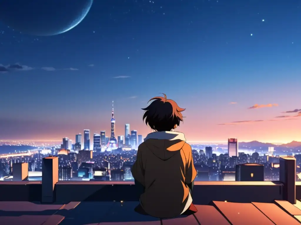 Un personaje de anime contemplativo solo en la azotea, con la ciudad iluminada de fondo