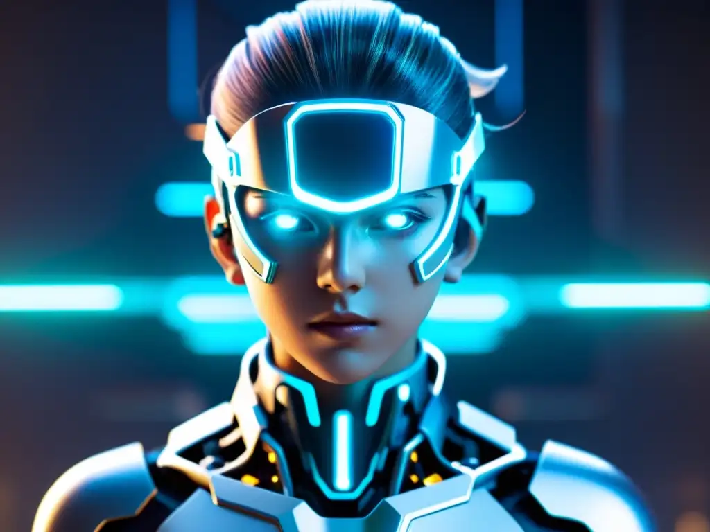 Un personaje de anime futurista con impresionantes mejoras cibernéticas, reflejando la compleja integración entre tecnología y humanidad