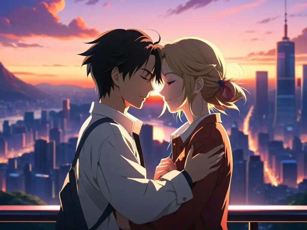 Dos personajes de anime se abrazan apasionadamente al atardecer, expresando temas universales en el anime romántico