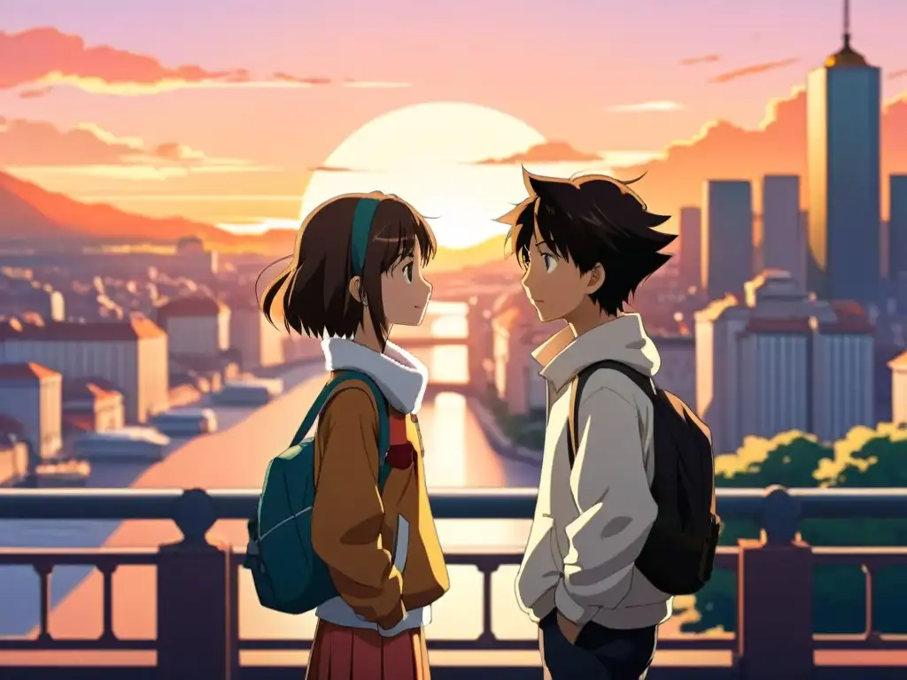 Dos personajes de anime se encuentran en un puente al atardecer, con una luz cálida que resalta sus emociones