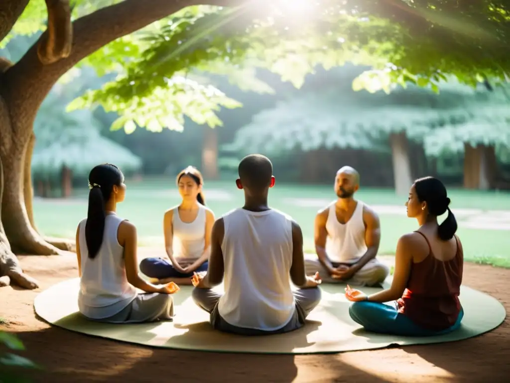 Personas meditando al aire libre en armonía, reflejando las enseñanzas fundamentales del Buda