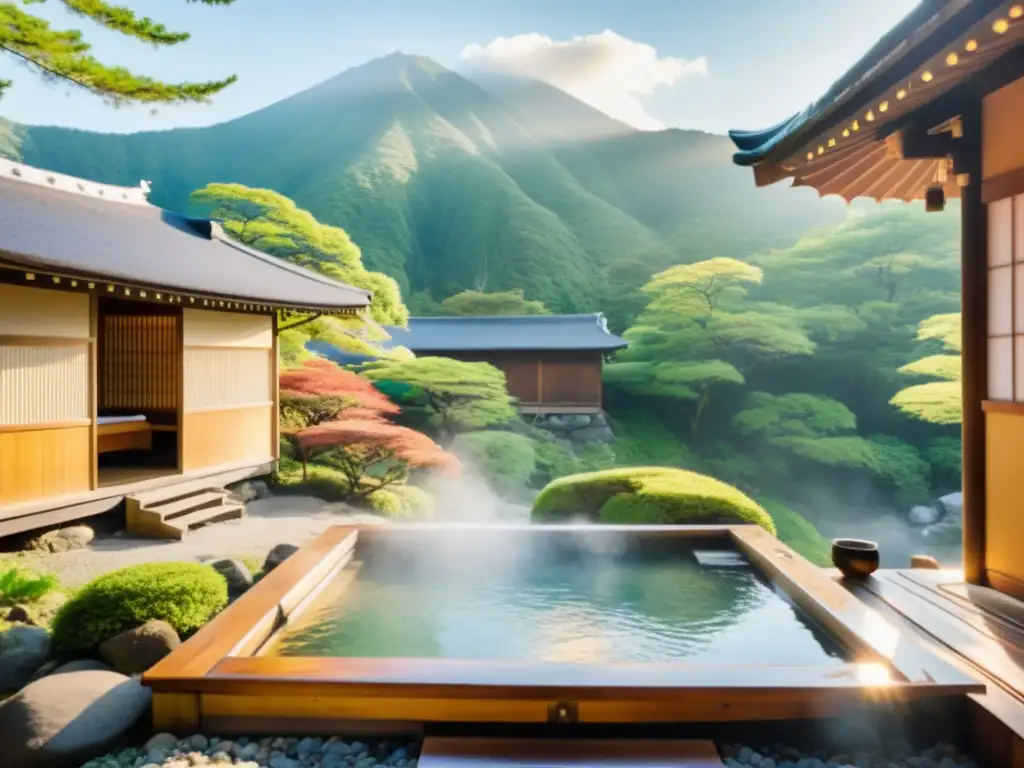 Dos personas disfrutan de un baño en un onsen japonés tradicional rodeado de exuberante vegetación, con vapor ascendente y montañas al fondo