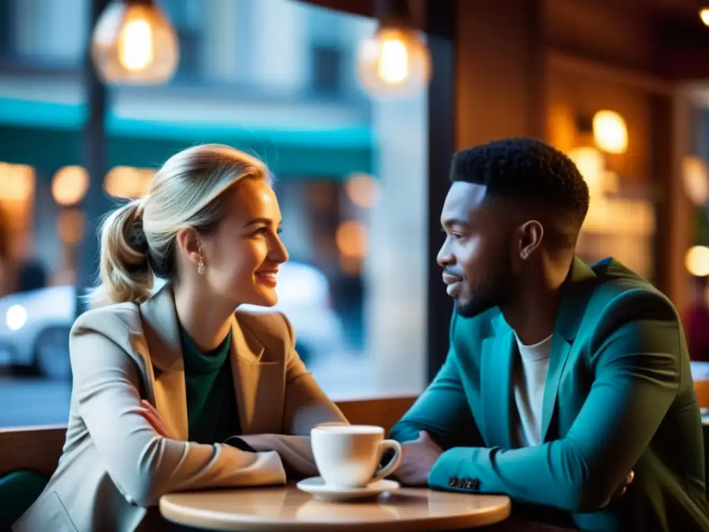 Dos personas conversando en un café con iluminación suave y ambiente cálido, mientras la ciudad bulliciosa contrasta afuera