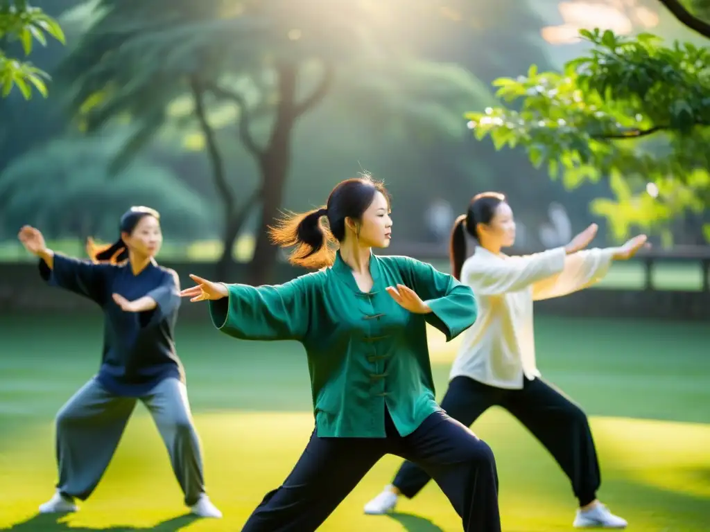 Personas practicando Tai Chi en un parque sereno al amanecer, expresando armonía y equilibrio