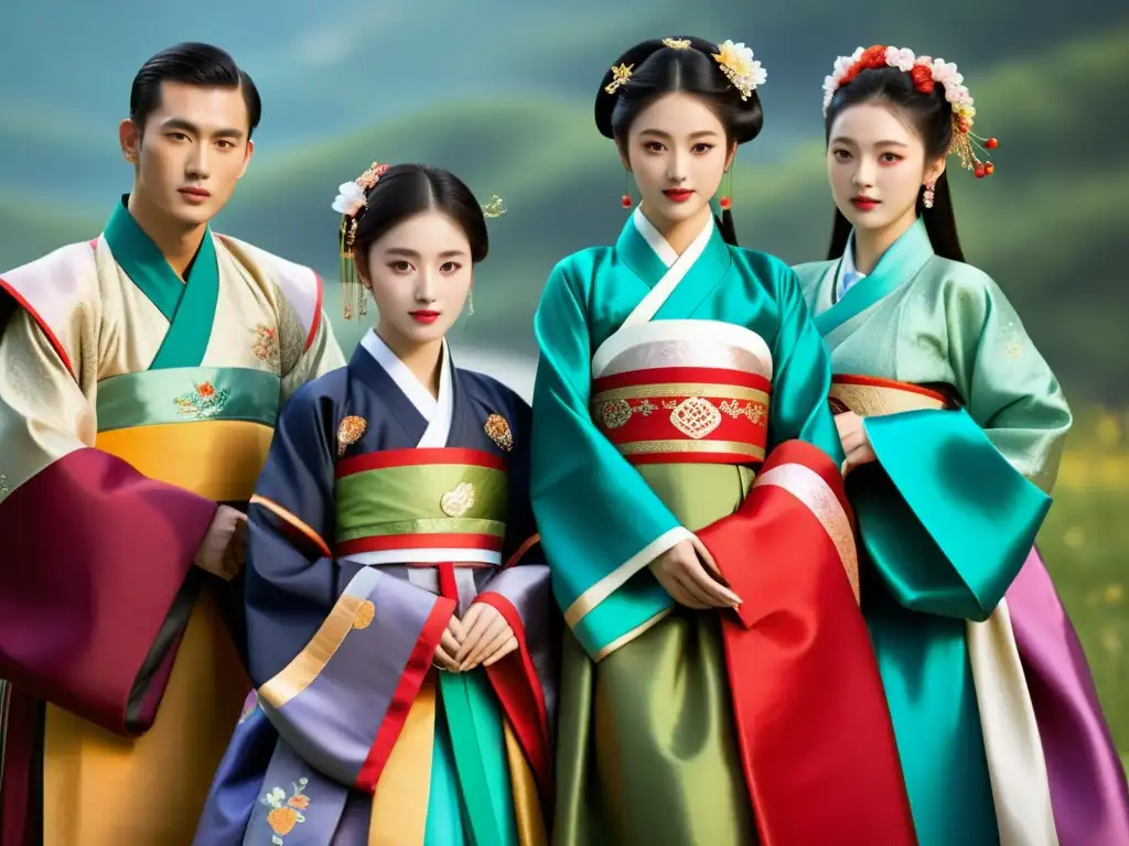 Personas vistiendo hanbok y hanfu con colores vibrantes y patrones detallados, reflejando la identidad cultural y clase social de estas vestimentas tradicionales de Corea y China