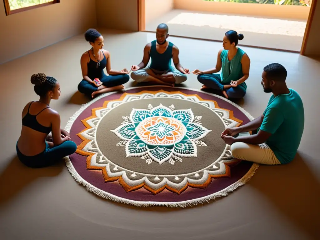 Personas de distintas culturas crean mandalas con arena de colores en un espacio de meditación iluminado suavemente