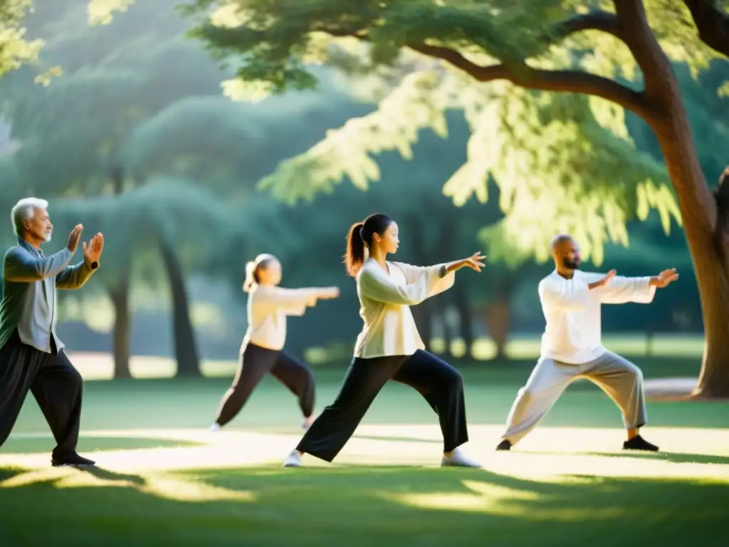 'Personas diversas practican tai chi en un parque, reflejando paz y concentración