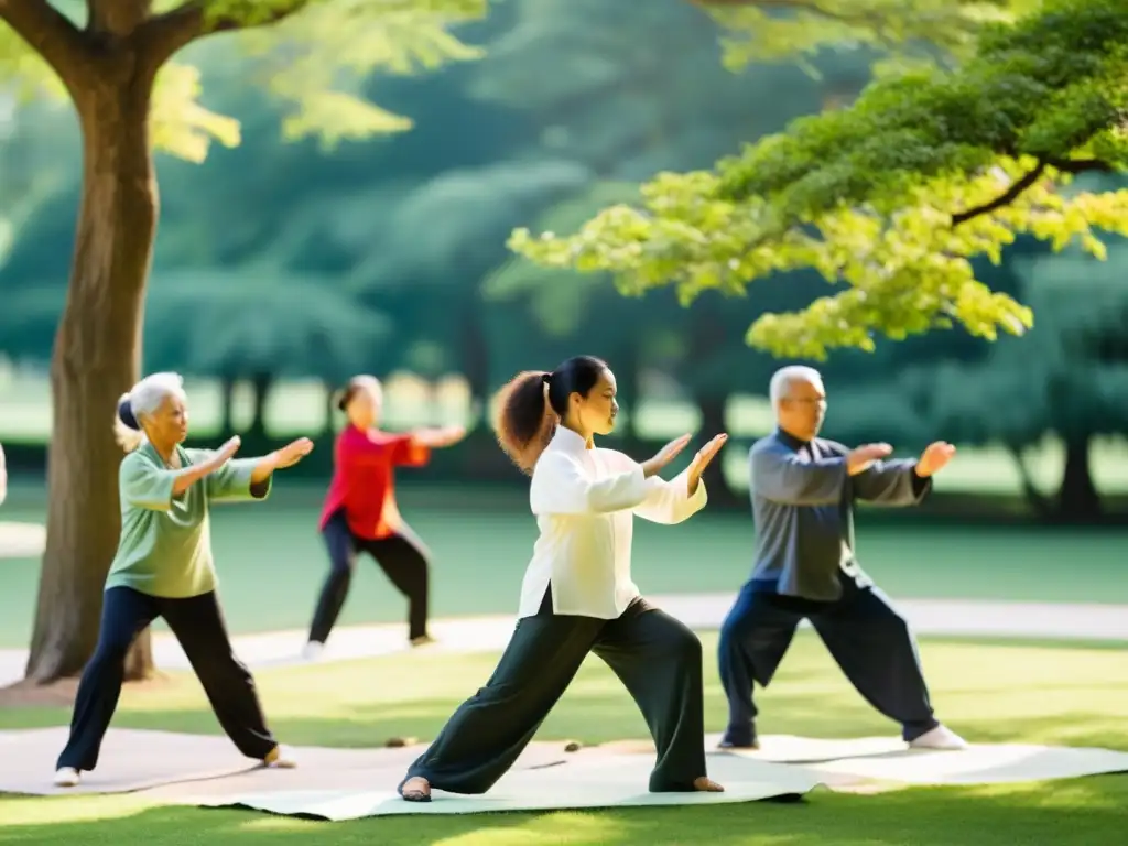 Personas de diversas edades y orígenes practican Tai Chi en un parque sereno y soleado, disfrutando de los beneficios del Tai Chi moderno