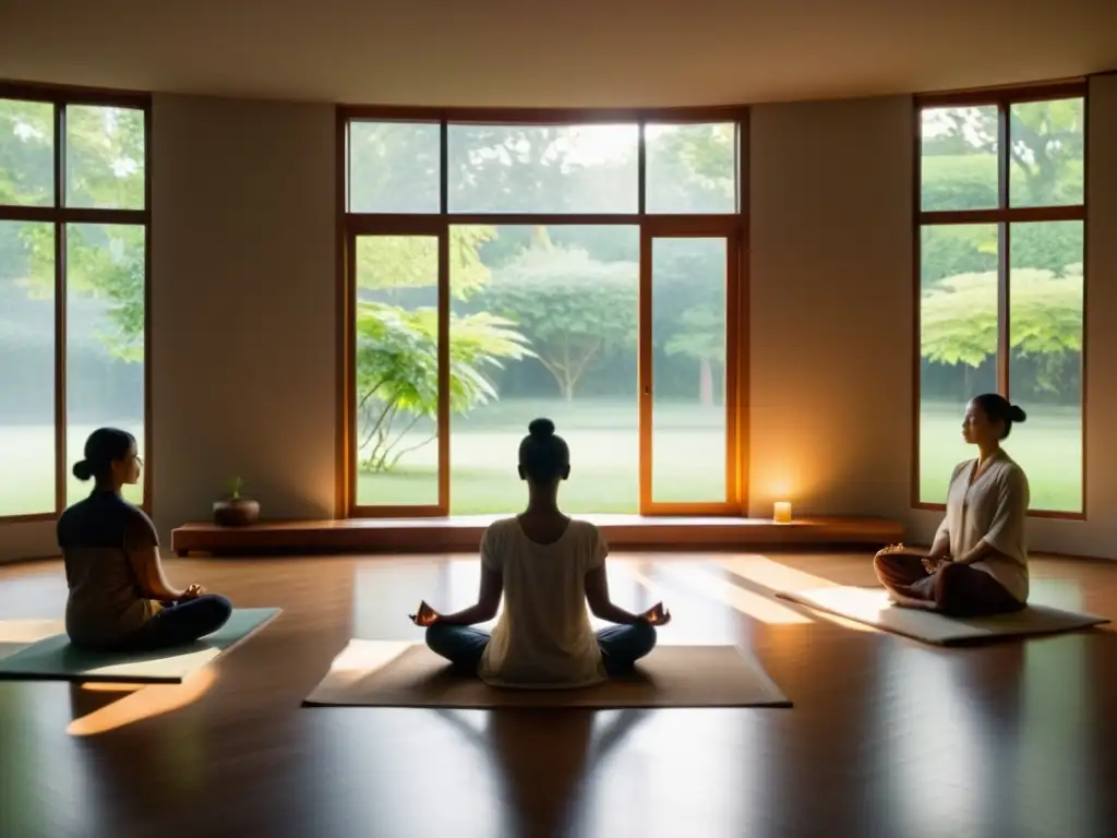 Personas meditando en un espacio sereno con influencia del budismo en psicología moderna