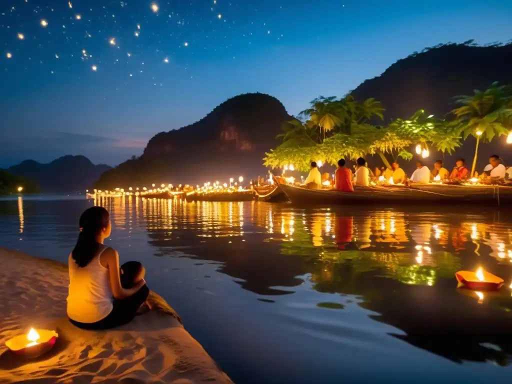 Personas en meditación en el Festival de Loy Krathong, junto al río con velas flotantes