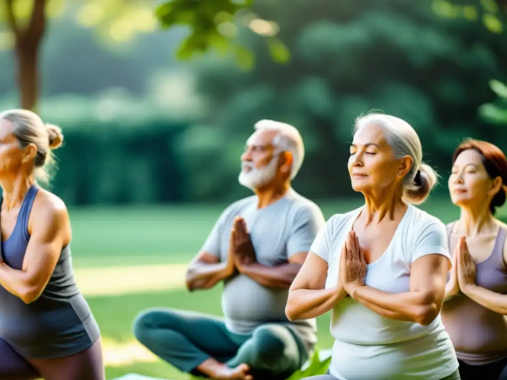 Personas mayores practicando yoga adaptado en un entorno sereno y natural, expresando gracia y vitalidad en sus movimientos