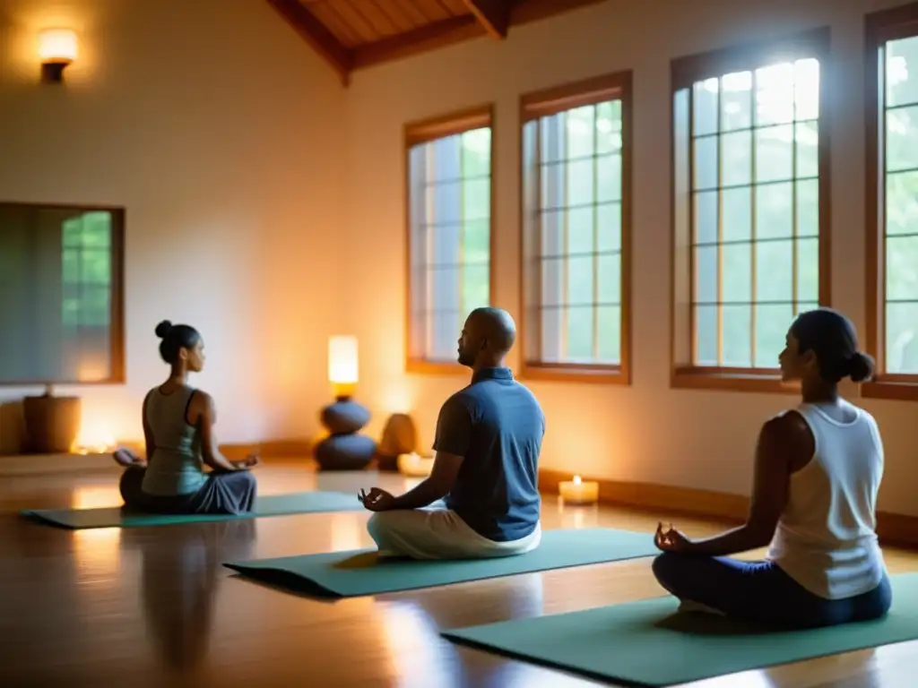 Personas en retiro de meditación Vipassana contemporánea, inmersas en introspección y tranquilidad al amanecer