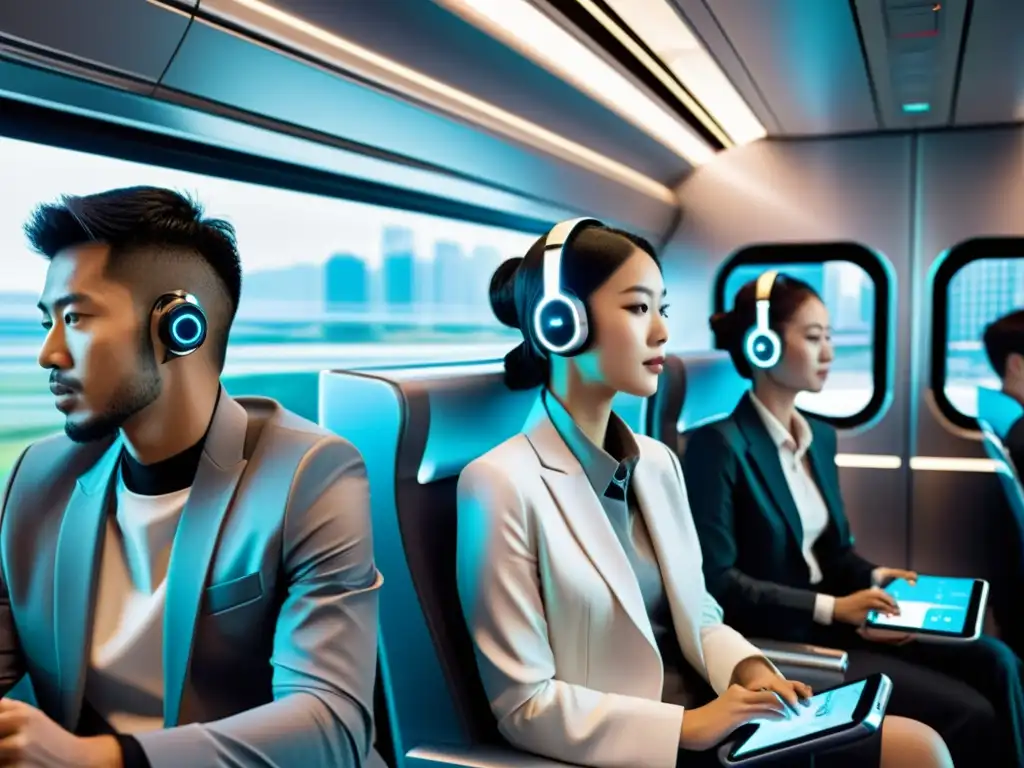 Personas usando tecnología portátil asiática futurista en tren de alta velocidad en ciudad bulliciosa, con hologramas y eficiencia