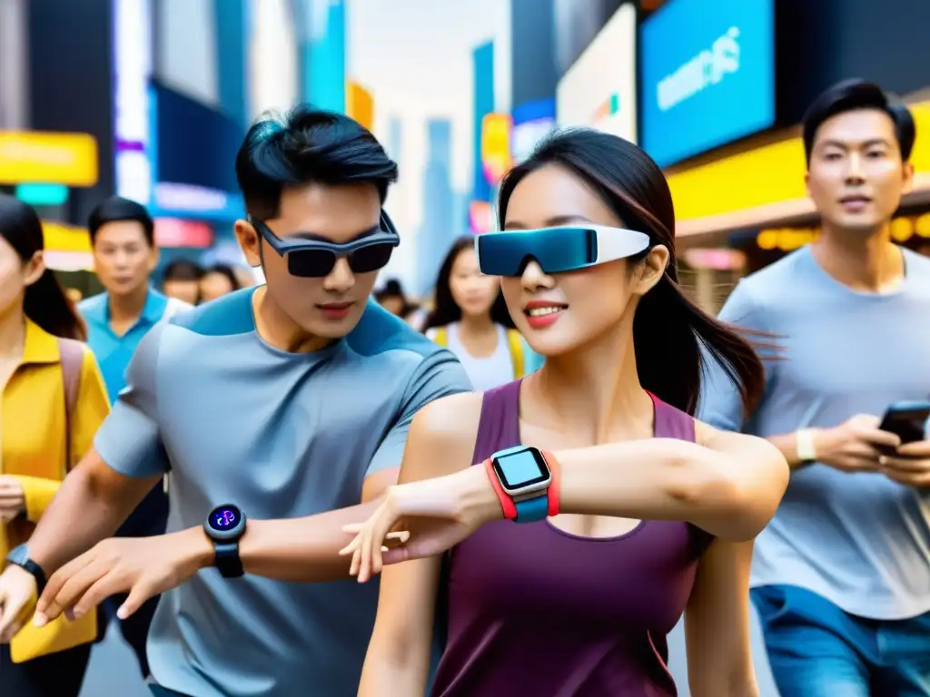 Integración tecnológica en el mercado asiático Personas usando tecnología wearable en el bullicioso mercado asiático, fusionando lo tradicional con lo innovador
