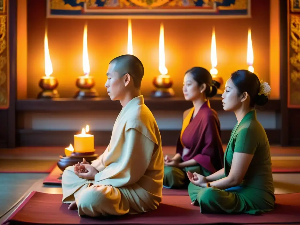 Personas meditan en un templo budista bellamente decorado, creando una atmósfera serena y espiritual