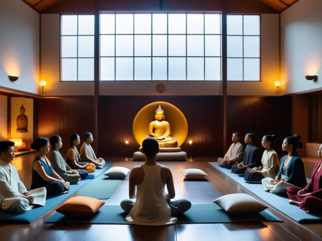 Personas meditando en un tranquilo salón, iluminado por luz natural