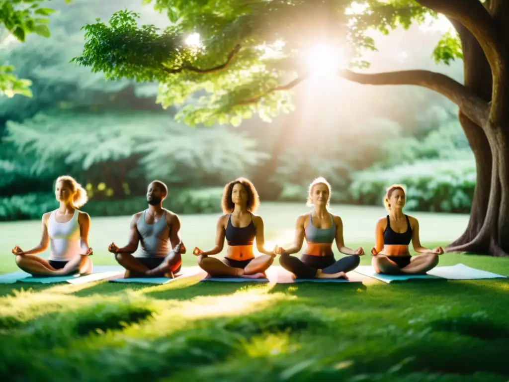 Personas practicando yoga al aire libre en un entorno exuberante, transmitiendo paz y conexión espiritual