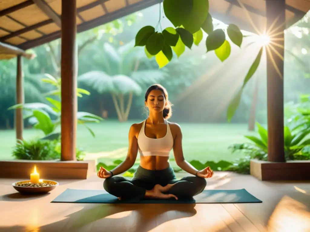 Personas practicando yoga y meditación en un ashram ayurvédico, rodeadas de naturaleza exuberante, reflejando el vínculo entre Ayurveda y el Hinduismo