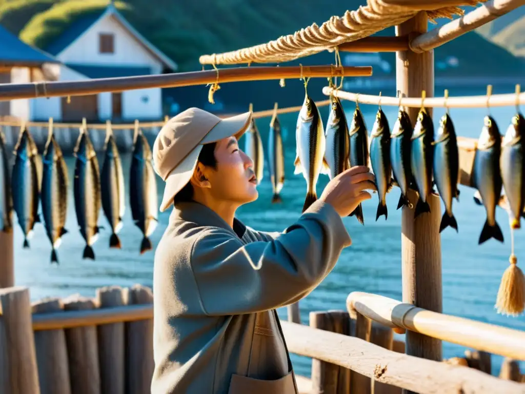 Un pescador coreano examina con cuidado el Hwangtae seco en un pueblo costero pintoresco