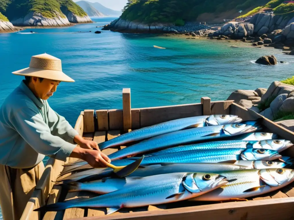 Un pescador coreano experto cuelga con cuidado tiras de pescado seco Hwangtae en la áspera costa, bajo el brillante sol y el mar azul vibrante