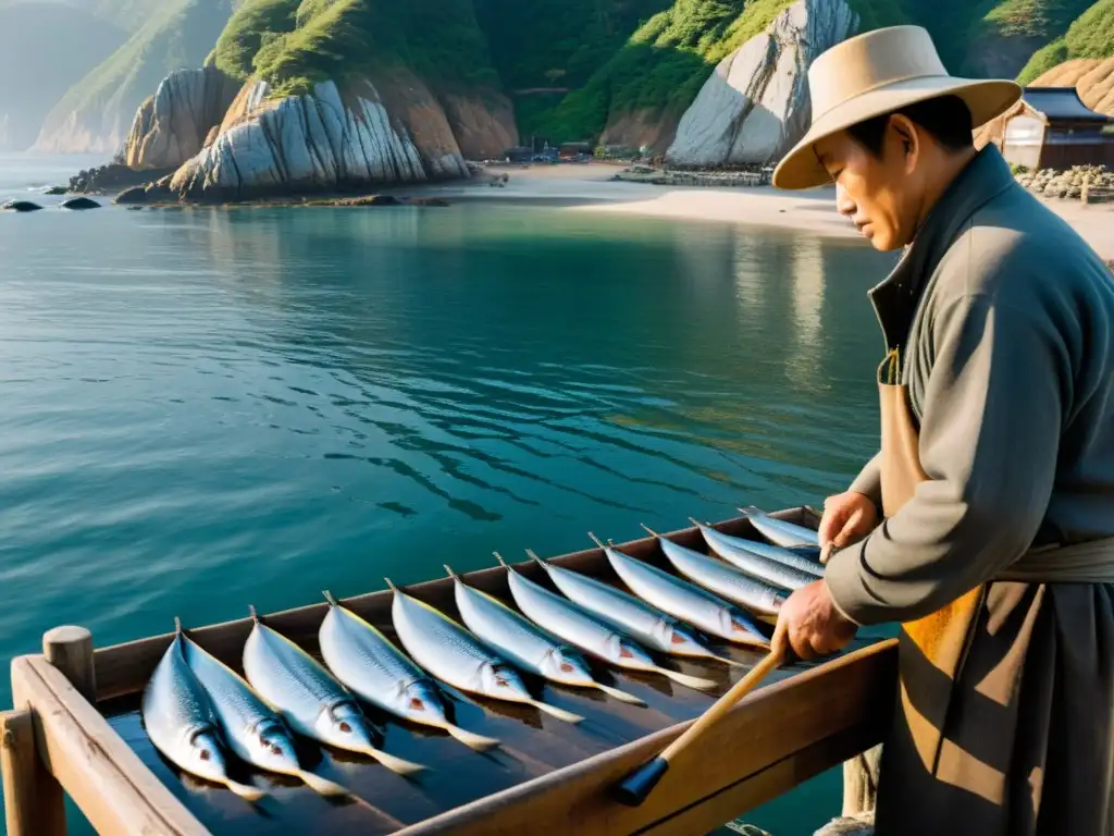 Un pescador coreano cuelga pescado para secarlo en la costa, capturando la mística del Hwangtae