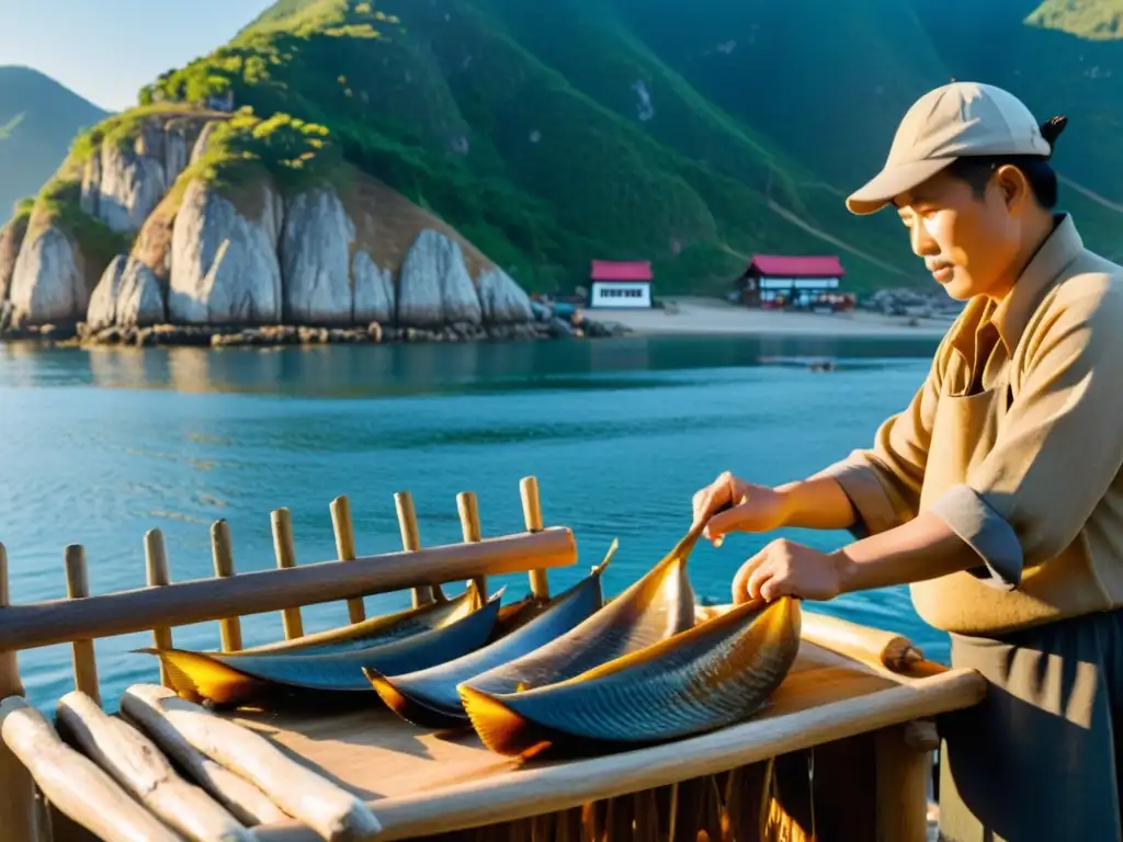 Un pescador coreano prepara Hwangtae en un pintoresco pueblo costero, creando un ambiente cálido y misterioso