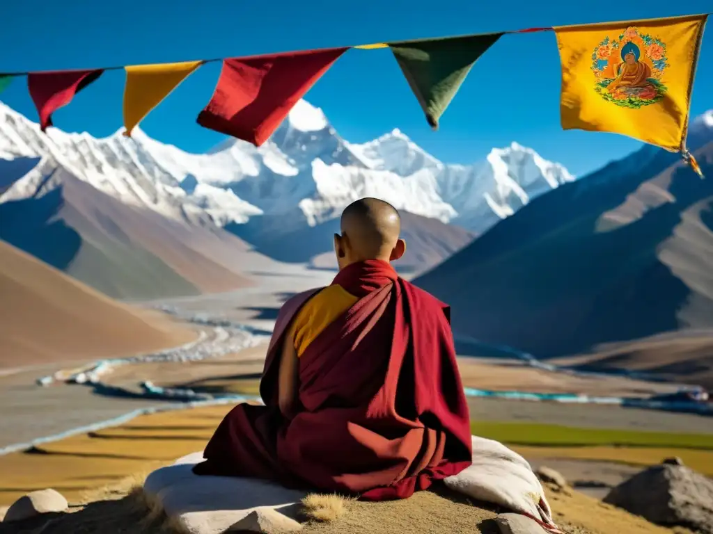 Poesía tibetana: Monje en meditación entre picos nevados, rostro sereno refleja sabiduría ancestral, banderas de oración ondean en la brisa