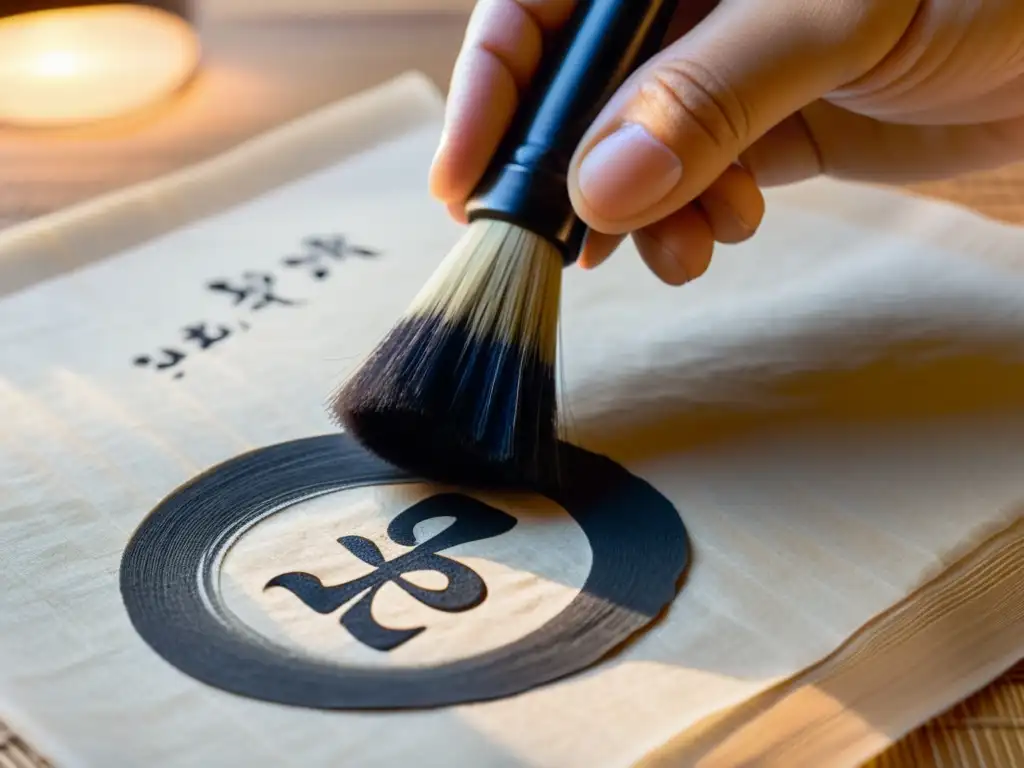 Un pincel de caligrafía antiguo traza elegantes caracteres chinos en papel de arroz, capturando la belleza de Proverbios y Poemas Didácticos Asia