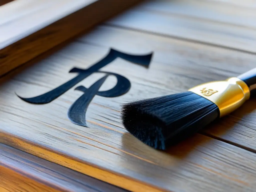 Un pincel de caligrafía chino descansa sobre una mesa de madera envejecida, con caracteres de 'armonía', 'sabiduría' y 'virtud' en tinta negra