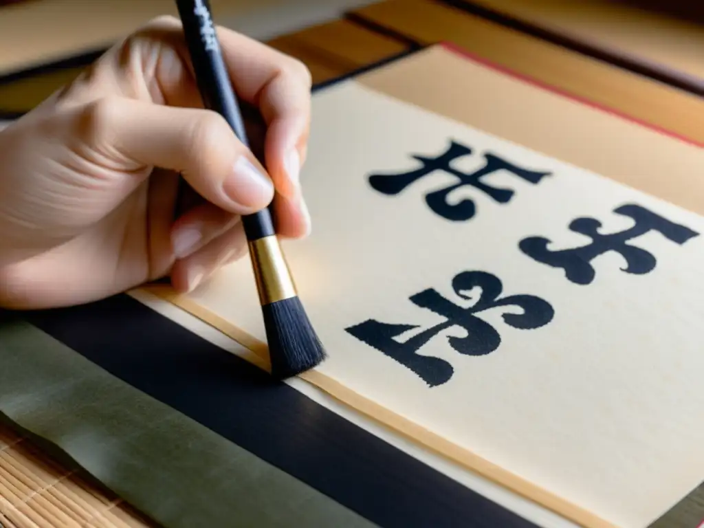 Un pincel de caligrafía japonés carga tinta sumi sobre papel washi, evocando la espiritualidad a través del arte Shinto