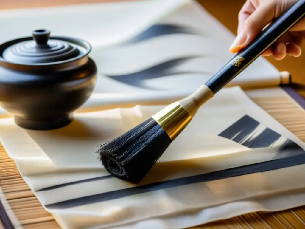 Un pincel de caligrafía japonés cargado con tinta sumi, listo para crear arte en papel de arroz, con una estética del arte japonés contemporáneo