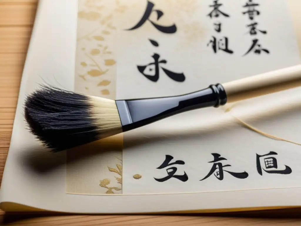 Un pincel de caligrafía japonés traza un haiku en papel washi, reflejando el arte del haiku en Asia con precisión meditativa