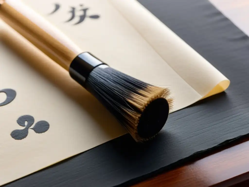 El pincel de caligrafía japonés sobre papel washi en blanco, con tinta y luz suave, destaca la importancia cultural de la caligrafía japonesa