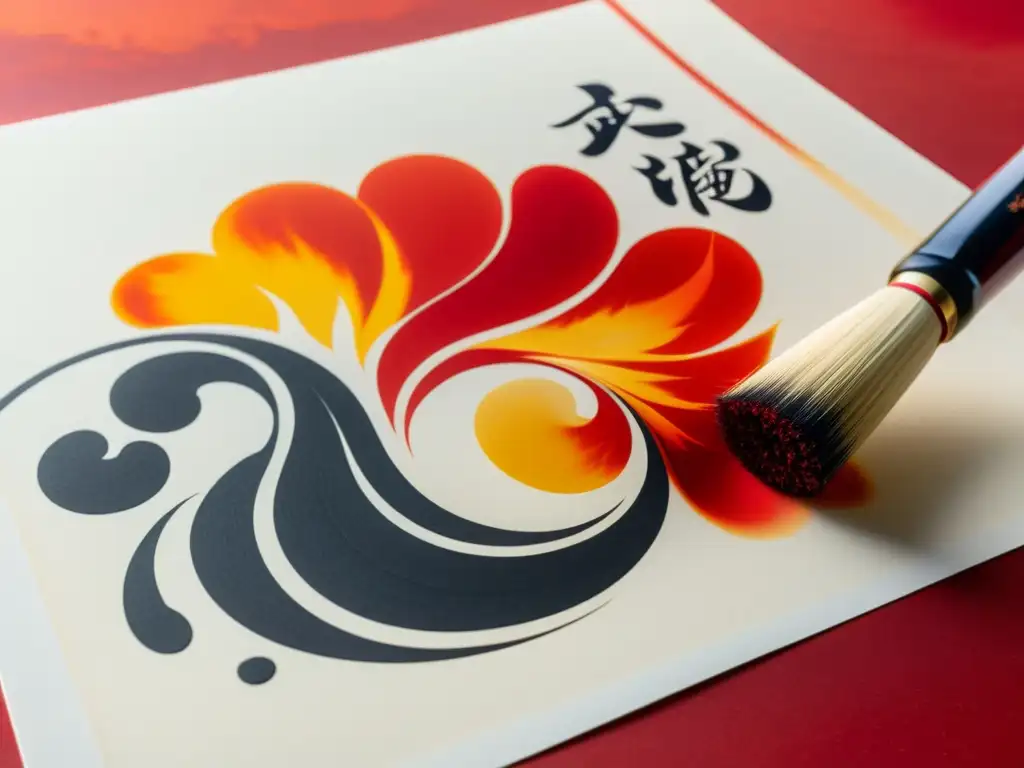 Un pincel de caligrafía japonés con tinta roja, trazando elegantes caracteres en papel washi, capturando el significado del fuego en festivales japoneses con su danza de color y líneas fluidas