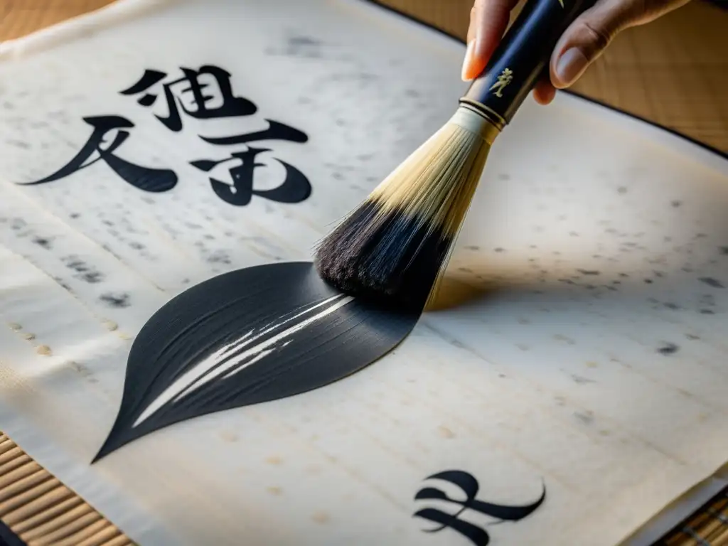 Un pincel de caligrafía japonés tradicional crea elegantes caracteres con trazos precisos y fluidos en papel de arroz