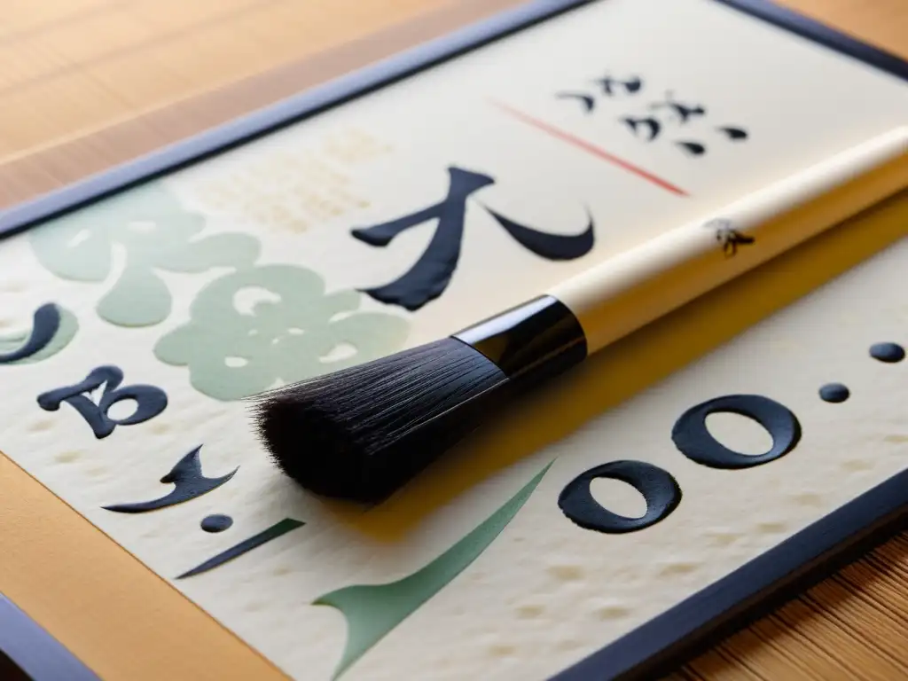 Un pincel de caligrafía japonés tradicional pintando con delicadeza los caracteres de un haiku en papel washi