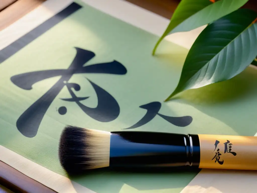 Un pincel de caligrafía japonés tradicional sobre papel washi, con los caracteres kanji de 'Tanka' pintados con trazos audaces