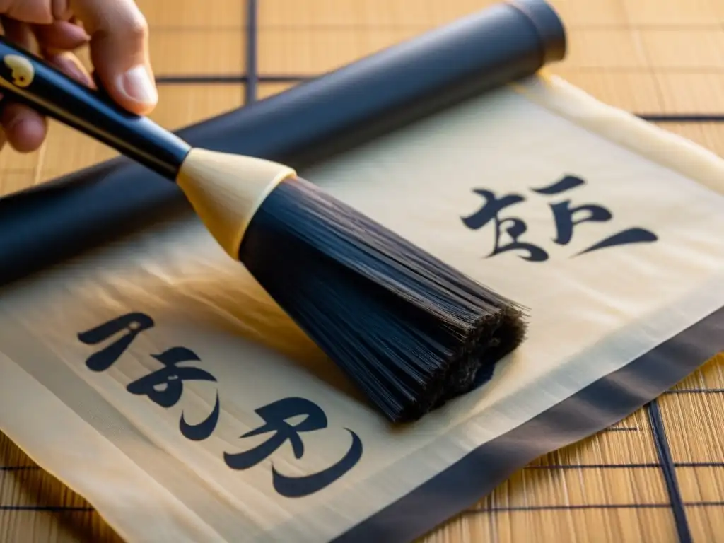 Un pincel de caligrafía tradicional japonés cargado de tinta negra se eleva sobre papel de arroz