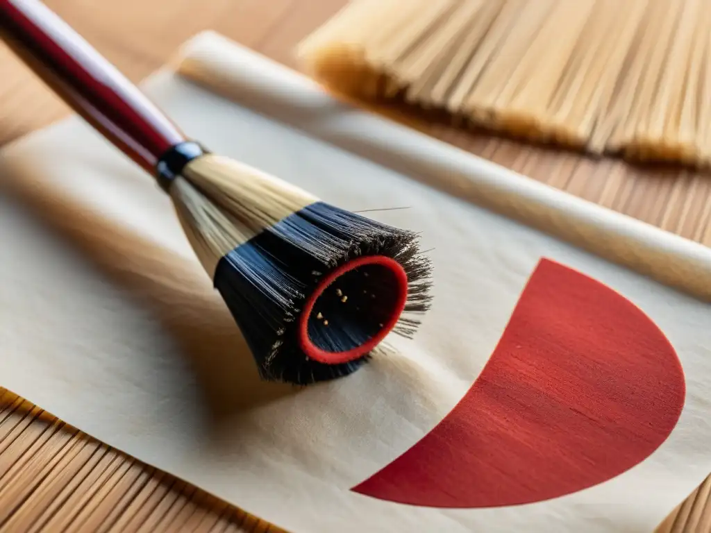 Un pincel japonés cargado con tinta roja vibrante sobre papel de arroz, reflejando la elegancia y el significado de los colores en la caligrafía japonesa