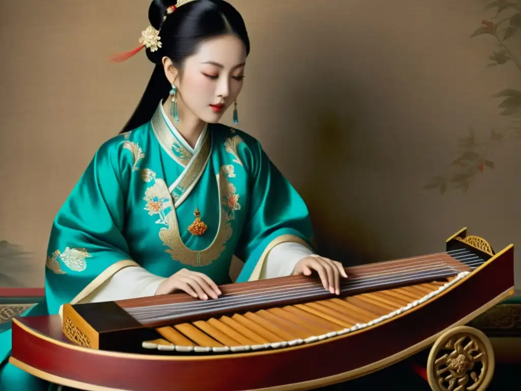 Una pintura antigua muestra a un músico de la corte real tocando el guzheng, destacando la historia del guzheng chino y su elegancia cortesana