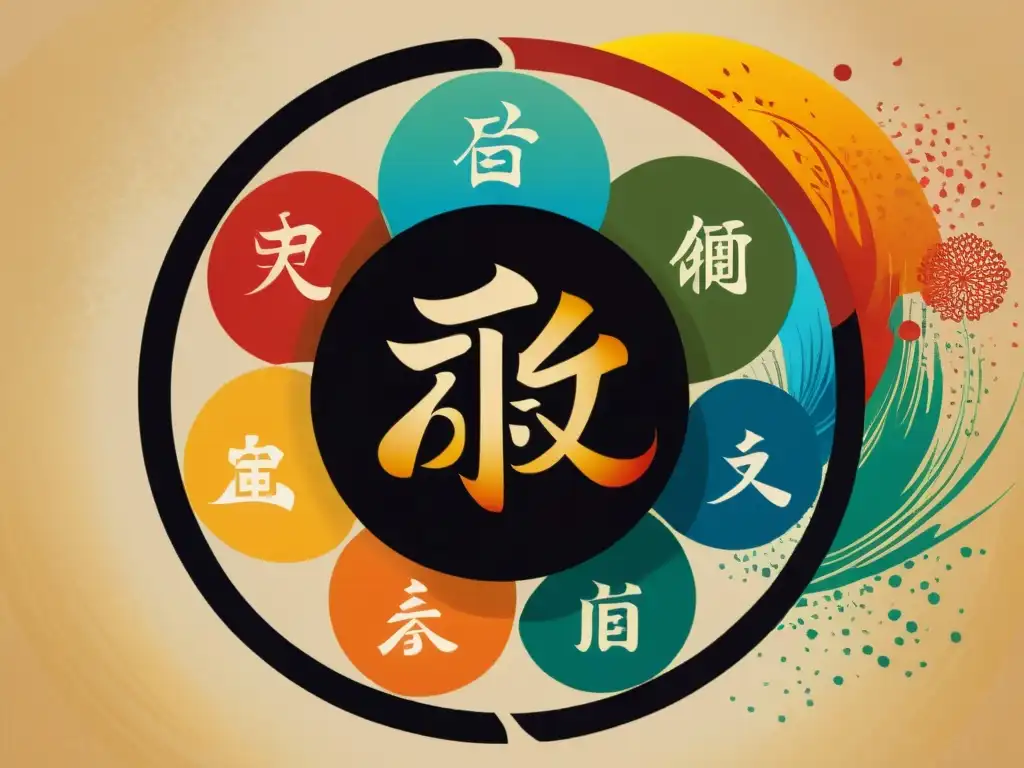 Una pintura de caligrafía china tradicional que representa los cinco elementos en un patrón circular, con colores vibrantes y trazos intrincados, simbolizando el equilibrio armonioso y la interconexión de estos elementos en la filosofía china y la vida diaria